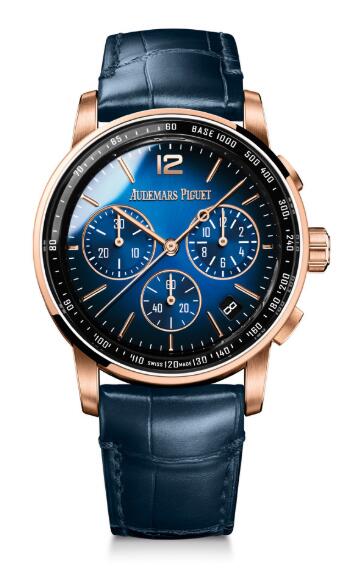 Review Replica Audemars Piguet CODE 11.59 Chronograph Selfwinding Pink Gold Blue 26393OR.OO.A028CR.01 watch - Click Image to Close